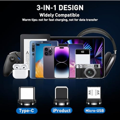 Magnetic Charging Cable 5-Pack (1.6/3.3/3.3/6.6/6.6FT), 540° Rotating Magnetic Phone Charger Cable with LED Light for Micro USB, USB C and i-Product Device