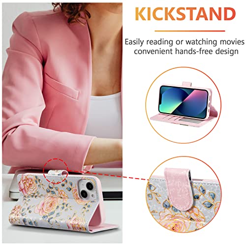 UEEBAI Wallet Case for iPhone 13, PU Leather Phone Cover Kickstand RFID Blocking Flip Case Card Slots Wrist Strap Relief Engraved Pattern Magnetic Closure Flower Folio Wallet, Purple Rose - color: Purple Rose, size: iPhone 13