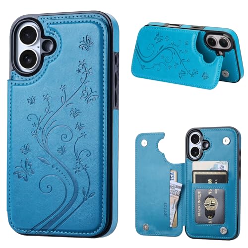 Wallet Case Compatible with iPhone 16 6.1”, Slim Protective Case with Card Holder,Premium PU Leather Kickstand Card Slots Case with Double Magnetic Clasp-Blue - color: Blue-F, size: iphone 16 6.1"