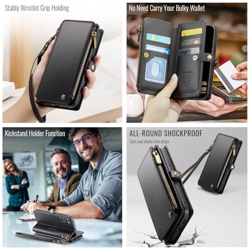 Defencase for Samsung Galaxy S25 Wallet Case with RFID Card Holder, Black | Durable Soft PU Leather, with Zipper Pocket, Wrist Strap, Fashion Snap Flip S25 Phone Cases Cover with Stand for Women Men - color: Black