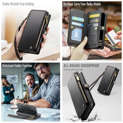 Defencase for Samsung Galaxy S25 Wallet Case with RFID Card Holder, Black | Durable Soft PU Leather, with Zipper Pocket, Wrist Strap, Fashion Snap Flip S25 Phone Cases Cover with Stand for Women Men - color: Black