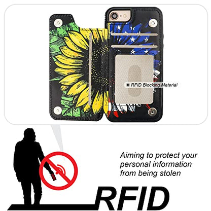 HAOPINSH iPhone SE(2022)/SE(2020)/7/8 Wallet Case with Card Holder, American Flag Flowers Flip Folio PU Leather Kickstand Card Slots, Double Magnetic Clasp Cover 4.7 - color: American Flag Sunflowers