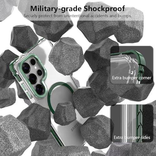 Nvollnoe for Samsung S25 Ultra Case Compatible with MagSafe Military Grade Shockproof Heavy Duty Protective Adjustable Kickstand Ultra Clear Magnetic Phone Case for Samsung S25 Ultra(Green) - color: Clear-Green