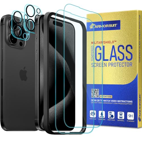 ArmorSuit Glass Screen Protector for iPhone 15 Pro + Camera Lens Protector Tempered Glass 2+2 Pack Case Friendly (w/Alignment Tool) - size: iPhone 15 pro 6.1-inch