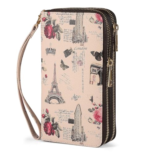 RFID Wallet for Women with Cellphone Pocket - Double Zipper Wristlet Purse Large Capacity, 17 Card Slots, Coin Pocket, ID Window, Effel Tower Flower - color: Beige Tower