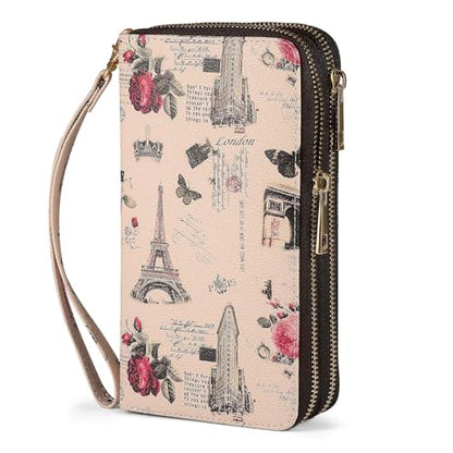 RFID Wallet for Women with Cellphone Pocket - Double Zipper Wristlet Purse Large Capacity, 17 Card Slots, Coin Pocket, ID Window, Effel Tower Flower - color: Beige Tower