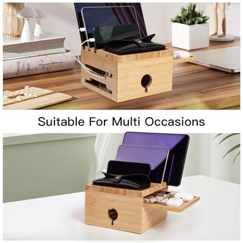 Bamboo Charging Station Organizer, with 5-Cables, No USB Charger - color: With Cables