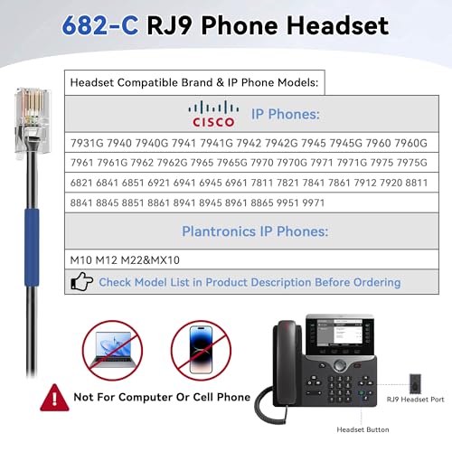 Wantek RJ9 Headset for Cisco IP Phones, Telephone Headset with Noise Canceling Microphone & Mute Button, Office Phone Headset Compatible with Cisco 6800 6900 7800 7900 8800 Series IP Phones - color: Dark gray