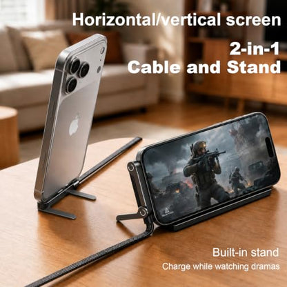 2 Pack USB C to C/Lightning Invisible Holder Charger Cable, 240W 90° Right Angle Fast Charging Cable & Phone Holder 2-in-1, Sideways Flat Phone Charger with Stand for iPhone 17/16/15/14/13/Android