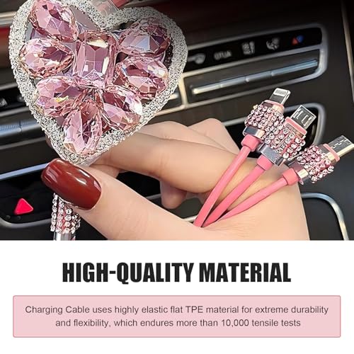 Multi Charging Cable, 3 in 1 Retractable Car Charger, Fast Charging Data Car Cable with Type-C/Lightning/Micro USB Connectors, Universal for Mobile Devices (Pink)