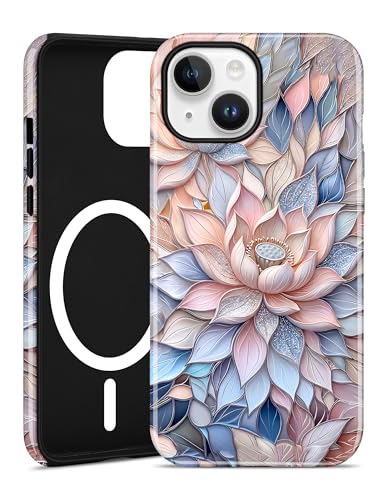 Jusy Magnetic Stained Glass Floral Case for iPhone 16e/17e, Pink Lotus | Compatible with MagSafe, Cute Aesthetic Flower Design, TPU and PC Protective Phone Cover - color: Pink Lotus