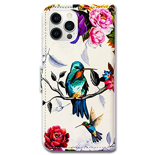 Bcov Case for iPhone 13 Pro, Hummingbird in Flowers Bird Leather Flip Phone Case Wallet Cover with Card Slot Holder Kickstand for iPhone 13 Pro - color: Hummingbird In Flowers