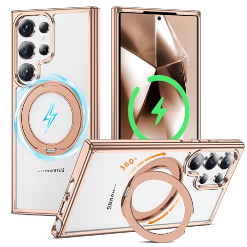 Compatible with Clear Samsung Galaxy S24 Ultra Case with 360° Invisible Magnetic Ring Stand [Compatible with Mag-Safe] Shockproof Plating Phone Case,Desert Gold - color: Desert Gold, size: Samsung Galaxy S24 Ultra