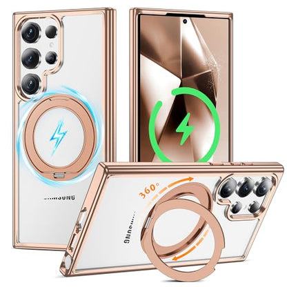 Compatible with Clear Samsung Galaxy S24 Ultra Case with 360° Invisible Magnetic Ring Stand [Compatible with Mag-Safe] Shockproof Plating Phone Case,Desert Gold - color: Desert Gold, size: Samsung Galaxy S24 Ultra