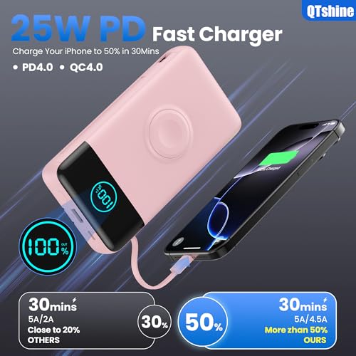 Portable Charger for iPhone, 40800mAh Power Bank with Built-in Cables & AC Wall Plug, 5 Outputs USB C Fast Charging External Battery Pack for iPhone 17/16/15/14, Android, Travel Essential (Pink) - color: Pink