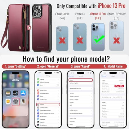 Defencase for iPhone 13 Pro Case Wallet Compatible with Magsafe, Wine Red | Drop-Proof Magnetic Detachable Phone Cases Cover, with RFID Bolcking Card Holder, Zipper Strap, PU Leather, Removable Wallet - color: (Detachable with Magsafe)-Wine Red