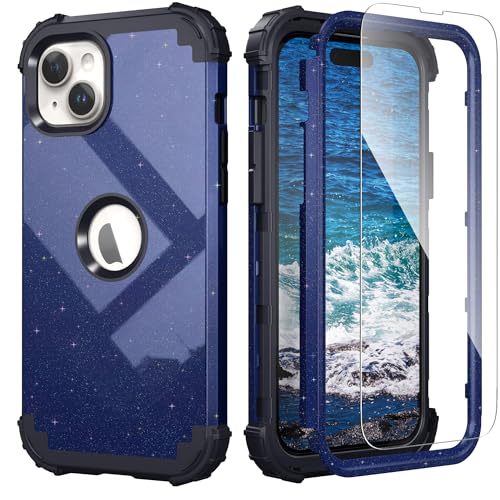 IDweel for iPhone 15 Case with Screen Protector for Men,Luxury 3 in 1 Shockproof Slim Fit Hybrid Heavy Duty Hard PC Cover Soft Silicone Bumper Full Body Anti-Fingerprint Case,Glitter Blue Black - color: Glitter Blue Black
