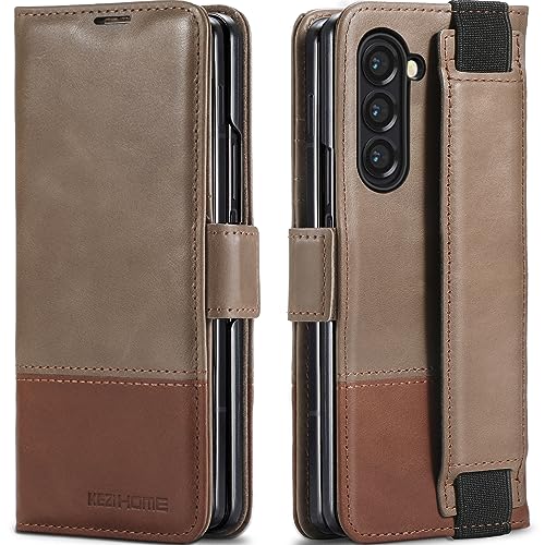 KEZiHOME Genuine Leather Wallet Case for Samsung Galaxy Z Fold 6 - color: Gray Brown, size: Galaxy Z Fold 6 Case