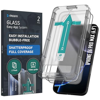 Deppa Pack of 2 for Phone 16 Pro Max (6.9 inches) Screen Protector with Stencil, 9H Shockproof, Full Coverage, Bubble-Free, Easy Installation, Ultra Clear