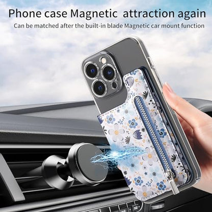 Stick on Wallet for Phone Case, Credit Adhesive Card Holder for Back of Phone Cases Flip Leather Zipper Flower Wallet Sleeve Compatible with iPhone, Samsung Galaxy Most Smartphones Blue - color: Flower Blue