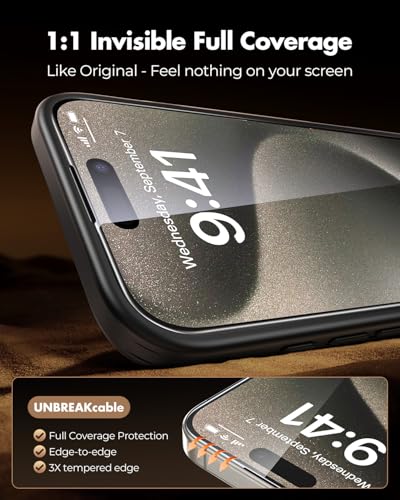 UNBREAKcable 3-Pack Screen Protector for iPhone 15 Pro,Tempered Glass | Shatterproof Glass,One Pull Perfection,Auto Dust Elimination,99.99% HD Clear,Bubble Free,Full Coverage for Apple 6.1 Inch - size: iPhone 15 Pro