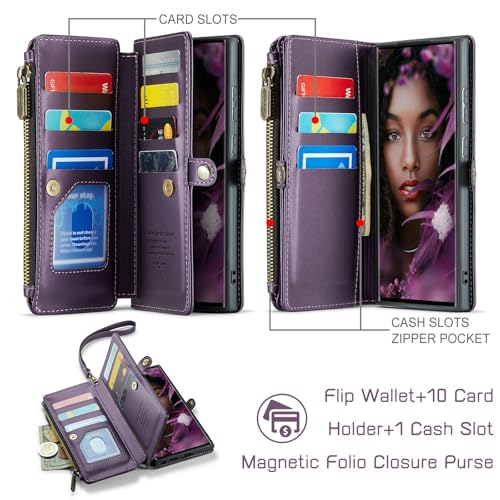 Defencase for Samsung Galaxy S22 Ultra Wallet Case with Card Holder, Purple | Durable PU Leather, with RFID Blocking Zipper Pocket, Wrist Strap, S22 Ultra Flip Phone Cases Cover with Stand for Women Men - color: Aesthetic Purple