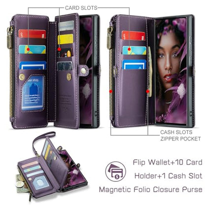 Defencase for Samsung Galaxy S22 Ultra Wallet Case with Card Holder, Purple | Durable PU Leather, with RFID Blocking Zipper Pocket, Wrist Strap, S22 Ultra Flip Phone Cases Cover with Stand for Women Men - color: Aesthetic Purple