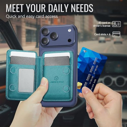 HXY for Magsafe Wallet Magnetic Card Holder RFID Blocking with Stand, 6 Card Holder for Phone Case, Slim Leather Magnetic Wallet for iPhone 17/16/15/14/13/12 Pro/Max/Plus (Teal) - color: Teal