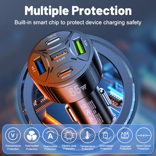 USB C Car Phone Charger Adapter 5 in 1 Multi Port PD30W &QC3.0 Super Fast Charging, 65W Cigarette Lighter USB Charger for iPhone/Android/Samsung/iPad Pro and More (White) - color: White