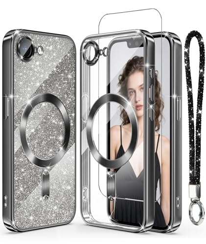 Magnetic Plated Gold Clear TPU Phone Case for iPhone 17e/16e-Black | Luxury Slim Soft Cover with [Glitter Card&Wrist Strap] [Screen Protector&Camera Lens Protector] for 17e/16e ﻿ - color: Black