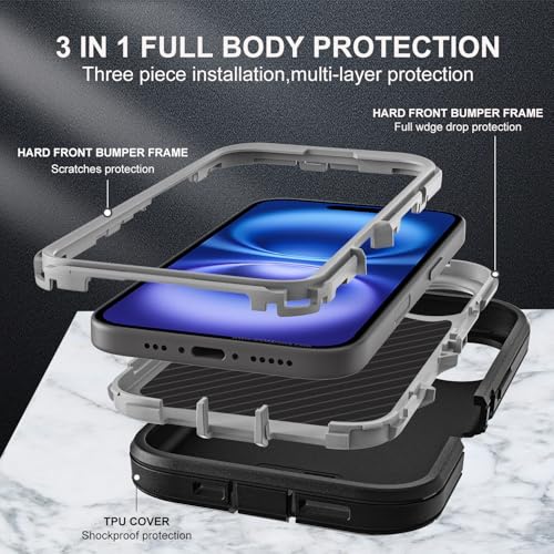 YKHJKLEC for iPhone 16 Case, Compatible with Magsafe, Military Grade 3 in 1 Heavy Duty Shockproof/Drop Proof/Dust Proof Case with 2Pcs Tempered Glass Screen Protector (New-Black/Grey) - color: New-Black/Grey