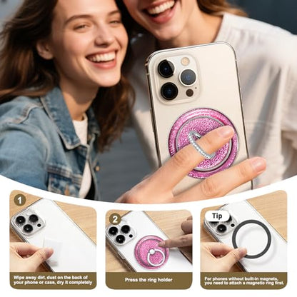 Pink Sparkly Magnetic Ring Grip for MagSafe, Bling Phone Stand - color: Pink