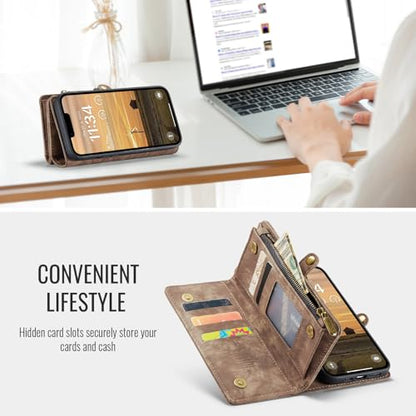Compatible with iPhone 17E/16E Wallet Case with Magsafe,Brown | Magnetic Detachable Case,Card Holder,Zipper Pocket,Strap Wristlet, Soft Leather Drop-Proof Phone Case for iPhone 17E/16E - color: (Detachable and Magsafe)-Brown, size: iPhone 16E/17E 6.1 Inch