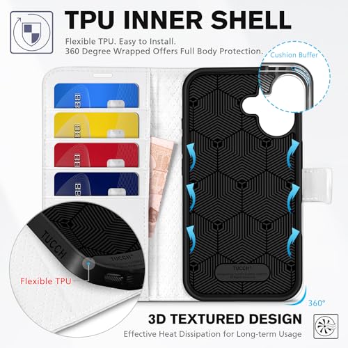 TUCCH Wallet Case for iPhone 16 (6.1") 2024, 4 Card Slots, White | RFID Blocking, Viewing Stand, Shockproof TPU Shell, PU Leather, Magnetic Closure, Protective Folio Flip Cover - color: White