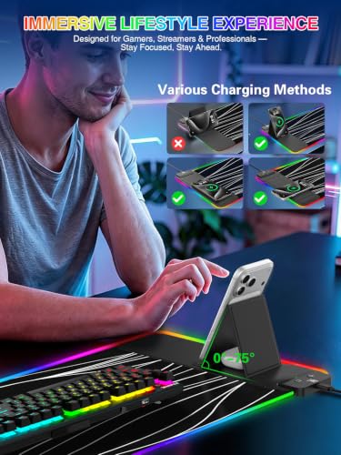 RGB Mouse Pad with Foldable Phone Stand Wireless Charger, 31.5"x11.8" XL Gaming Mousepad Large Desk Mat, Desk Pad with 11 Colors 5 Modes, Waterproof - color: Black Touch Control Stand XL Line