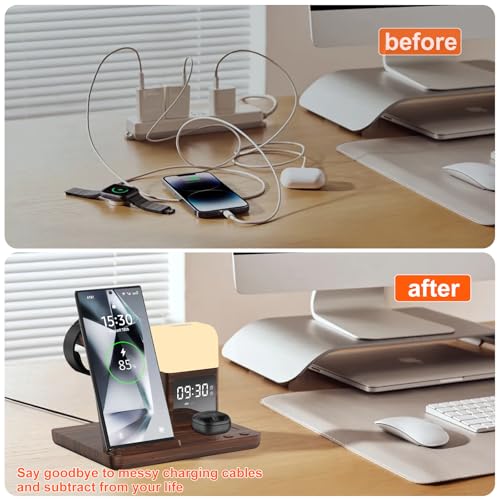 Wireless Charger for Samsung Charging Station with Digital Clock-Alarm - color: Walnut