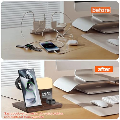 Wireless Charger for Samsung Charging Station with Digital Clock-Alarm - color: Walnut