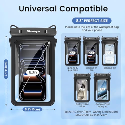 Niveaya Double Space Waterproof Phone Pouch - 2 Pack, Waterproof Phone Lanyard Case with iPhone 17/16/15/14/13 Pro Max up to 8.3", Phone Dry Bags for Vacation Beach Pool Kayak Cruise Travel Essentials - color: Black + White, size: Medium 8.3"