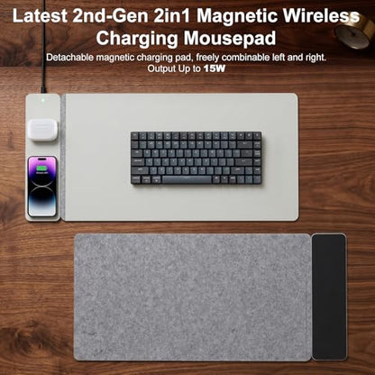 15W Wireless Charging Mouse Pad 31.5"x15.75", Double-Sided Faux Leather - color: NF-Gray