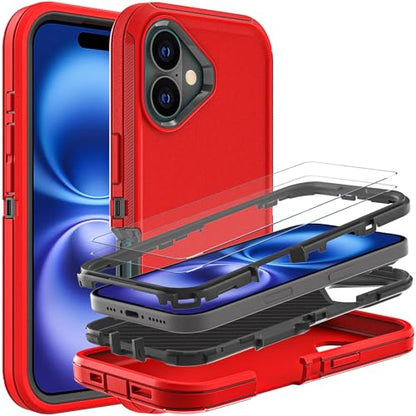 YKHJKLEC for iPhone 16 Case, Military Grade 3 in 1 Heavy Duty Shockproof/Drop Proof/Dust Proof Case with 2Pcs Tempered Glass Screen Protector (Red/Black) - color: Red/Black