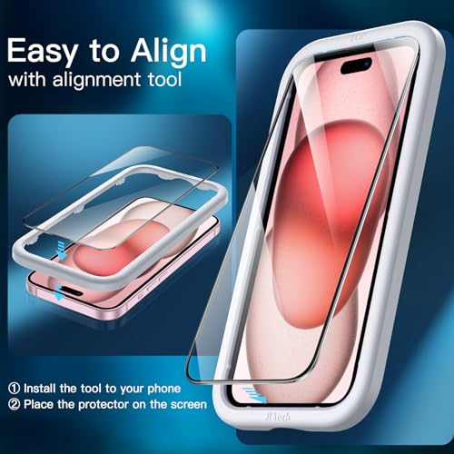 JETech Full-Coverage Screen Protector for iPhone 15, 3-Pack | Black Edge Tempered Glass, Easy Installation Tool, HD Clear, Case-Friendly - size: iPhone 15