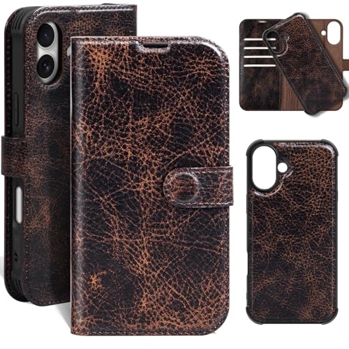 Leather Case Compatible with iPhone 16 Plus Wallet 6.7" | Genuine Leather 2-in-1 Magnetic Detachable Shockproof,Flip Folio Cover with Card Slot,Wireless Charging RFID Blocking Coffee - color: Brown Coffee, size: 16 Plus