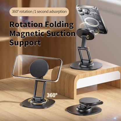 Magnetic Phone Stand for Desk 360 Rotating Adjustable Foldable Aluminum for MagSafe Cell Phone Stand Holder with Non-Slip Base Desk Stand for iPhone 17 16 Pro Max/15/14/13/12 Plus Air (Black) - color: Black