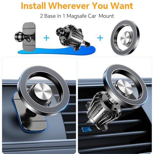 for iPhone Magsafe car Mount【20 Strong Magnets】Magnetic Phone Holder for Car Dashboard【360° Rotation】Hands Free Car Phone Holder Mount Dash Fit iPhone 15 14 13 12 Pro Max Plus MagSafe Car Accessories - color: Black