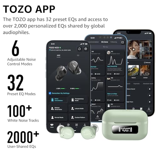 TOZO NC9 Hybrid Active Noise Cancelling Wireless Earbuds, 60H, LED Display - color: Sage Green