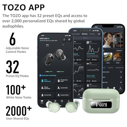 TOZO NC9 Hybrid Active Noise Cancelling Wireless Earbuds, 60H, LED Display - color: Sage Green