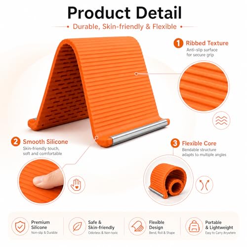 2PCS Portable Foldable Silicone Aluminum Phone Stand, Bendable Core Foldable Rollable Phone Holder - Flexible iPhone Stand for Long Travel Accessories - Plane Essentials (Orange)