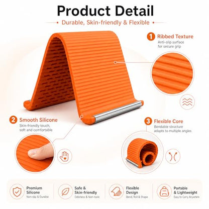 2PCS Portable Foldable Silicone Aluminum Phone Stand, Bendable Core Foldable Rollable Phone Holder - Flexible iPhone Stand for Long Travel Accessories - Plane Essentials (Orange)
