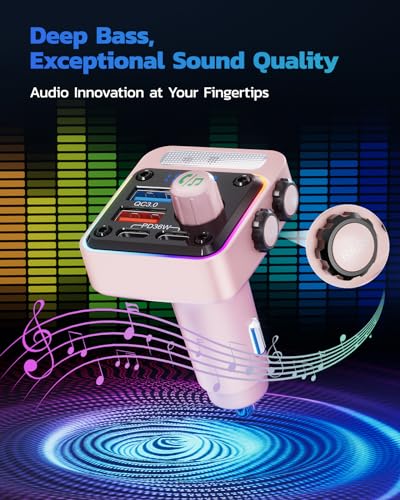 Nulaxy 54W Bluetooth 5.3 Car Adapter, FM Transmitter 4-Port Fast Charging - color: Pink