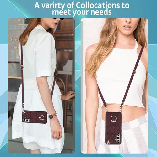 Asuwish Phone Case for Samsung Galaxy S24 5G Wallet Cover with Tempered Glass Screen Protector and Crossbody Wrist Strap Ring RFID Blocking Credit Card Holder Cell S 24 24S G5 Women Men Girls Wine Red - color: Red